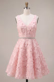 A-Line Pink V-Neck Ruffled Pearls Floral Embroidery Short Homecoming Dress