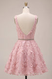 A-Line Pink V-Neck Ruffled Pearls Floral Embroidery Short Homecoming Dress