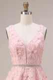 A-Line Pink V-Neck Ruffled Pearls Floral Embroidery Short Homecoming Dress