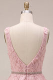 A-Line Pink V-Neck Ruffled Pearls Floral Embroidery Short Homecoming Dress