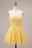 Yellow A-Line Pearls Floral Embroidery Short Homecoming Dress with Ruffles
