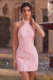 Pink Floral Halter Neck Bodycon Corset Jacquard Short Homecoming Dress