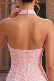 Pink Floral Halter Neck Bodycon Corset Jacquard Short Homecoming Dress