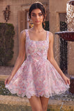Lilac Square Neck A-Line Pearls Short Homecoming Dress with Floral Embroidery