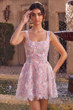 Lilac Square Neck A-Line Pearls Short Homecoming Dress with Floral Embroidery