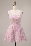 Lilac Square Neck A-Line Pearls Short Homecoming Dress with Floral Embroidery