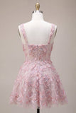 Lilac Square Neck A-Line Pearls Short Homecoming Dress with Floral Embroidery
