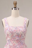 Lilac Square Neck A-Line Pearls Short Homecoming Dress with Floral Embroidery
