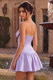 Lilac Satin Strapless A-Line Ruffle Short Homecoming Dress