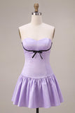 Lilac Satin Strapless A-Line Ruffle Short Homecoming Dress