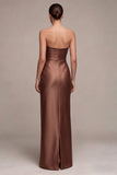 Coffee Strapless Ruched Sheath Satin Long Formal Dress with Slit