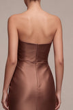 Coffee Strapless Ruched Sheath Satin Long Formal Dress with Slit