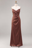 Coffee Strapless Ruched Sheath Satin Long Formal Dress with Slit