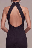 Halter Neck Black Mermaid Long Formal Dress with Lace