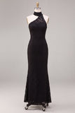 Halter Neck Black Mermaid Long Formal Dress with Lace