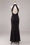 Halter Neck Black Mermaid Long Formal Dress with Lace
