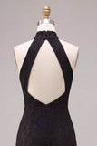 Halter Neck Black Mermaid Long Formal Dress with Lace