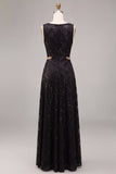 A-Line Black Round Neck Sequins Long Formal Dress