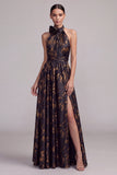 Black A-Line Halter Neck Backless Long Formal Dress with Slit