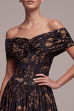 Black A-Line Off the Shoulder Floral Ruched Long Formal Dress