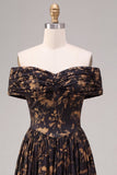 Black A-Line Off the Shoulder Floral Ruched Long Formal Dress