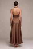 Satin Coffee Halter Neck Backless A-Line Long Formal Dress