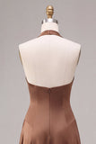 Satin Coffee Halter Neck Backless A-Line Long Formal Dress