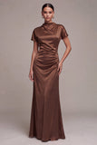 Satin Coffee High Neck Mermaid Long Formal Dress with Short Sleeves