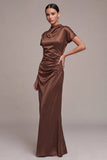 Satin Coffee High Neck Mermaid Long Formal Dress with Short Sleeves