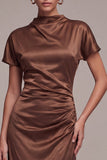 Satin Coffee High Neck Mermaid Long Formal Dress with Short Sleeves