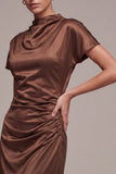 Satin Coffee High Neck Mermaid Long Formal Dress with Short Sleeves