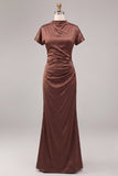 Satin Coffee High Neck Mermaid Long Formal Dress with Short Sleeves
