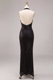 Black Mermaid Halter Neck Sequins Long Formal Dress