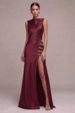 Olive Mermaid Bateau Neck Satin Long Formal Dress with Slit