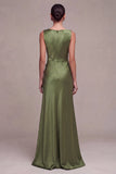Olive Mermaid Bateau Neck Satin Long Formal Dress with Slit