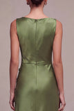 Olive Mermaid Bateau Neck Satin Long Formal Dress with Slit