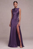 Olive Mermaid Bateau Neck Satin Long Formal Dress with Slit