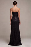 Strapless Sequins Black Mermaid Ruched Long Formal Dress with Slit