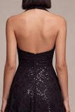 Black Halter Neck Sequins A-Line Backless Midi Formal Dress