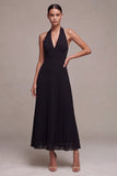 Chiffon Black A-Line Halter Neck Pleated Maxi Formal Dress