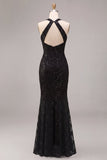 Mermaid Black Sequins Halter Neck Lace Maxi Formal Dress