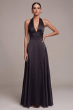 Black A-Line Satin Halter Neck Long Formal Dress