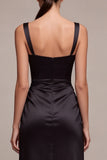 Black Mermaid Satin Ruched Thick Straps Long Formal Dress
