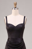 Black Mermaid Satin Ruched Thick Straps Long Formal Dress