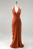 Burnt Orange Halter Neck Ruched Sheath Long Formal Dress