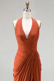 Burnt Orange Halter Neck Ruched Sheath Long Formal Dress