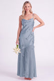 Pink Sheath Satin Spaghetti Straps Long Bridesmaid Dress with 3D Flowers