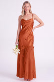Pink Sheath Satin Spaghetti Straps Long Bridesmaid Dress with 3D Flowers