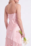 Pink Sheath Satin Spaghetti Straps Long Bridesmaid Dress with 3D Flowers