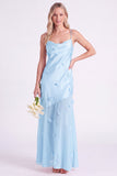 Pink Sheath Satin Spaghetti Straps Long Bridesmaid Dress with 3D Flowers